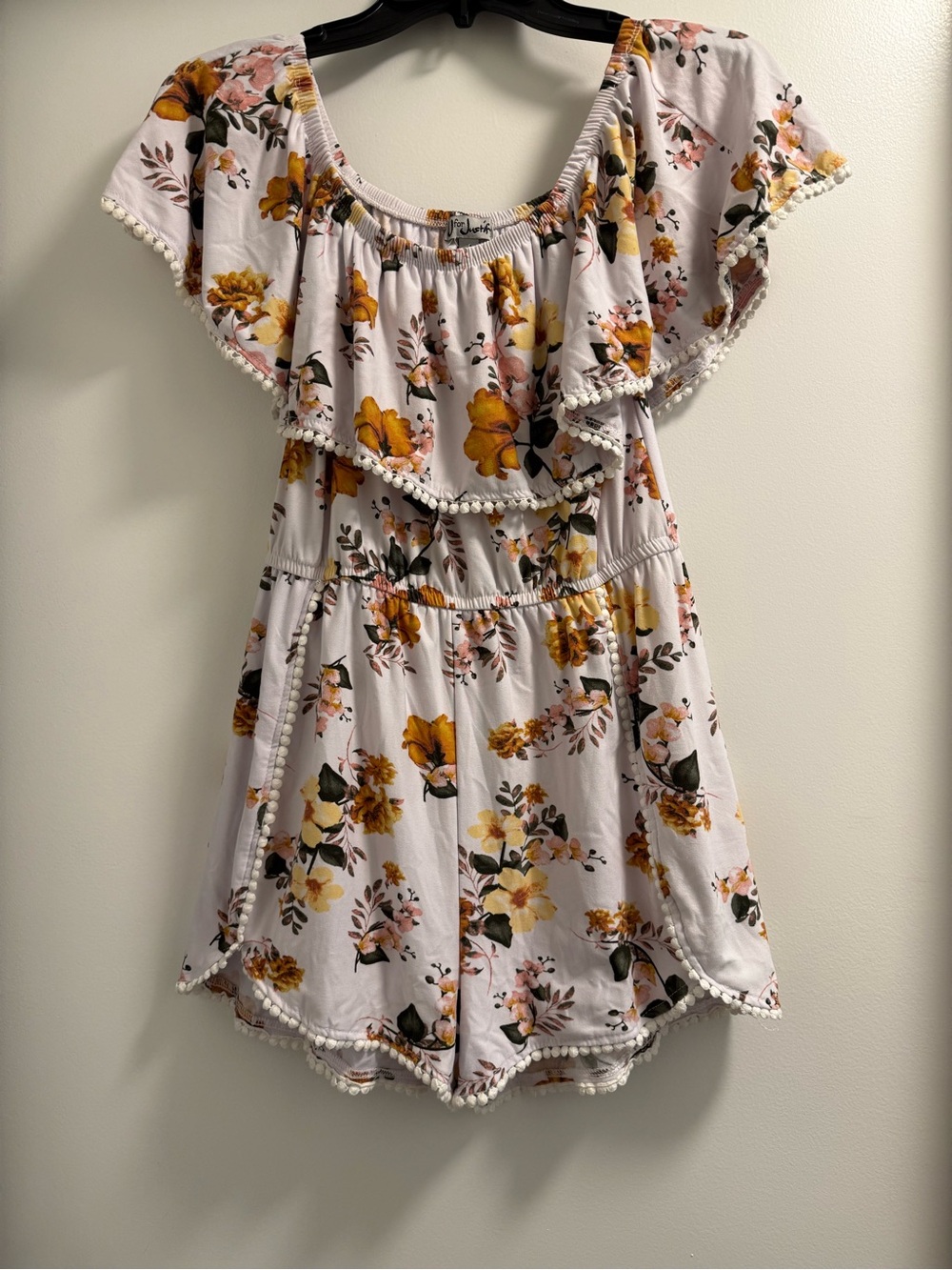 White Floral Pom-Trim Romper